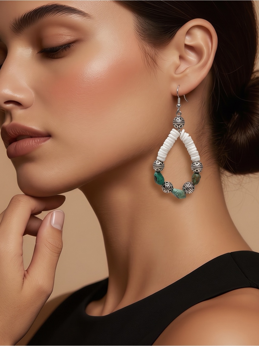 White Stone and Green Turquoise Beaded Teardrop Earrings - Women Jewelry☑️